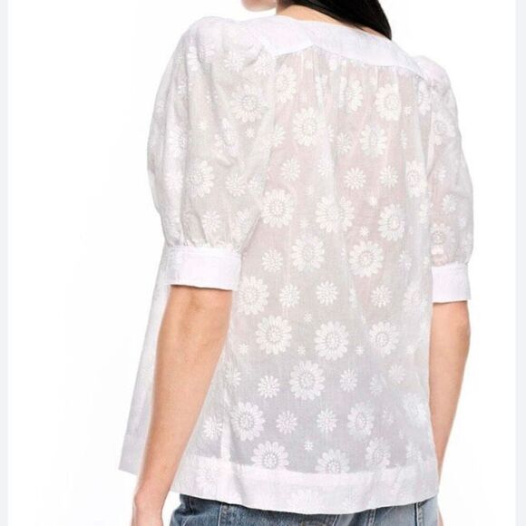 Smythe White Floral Embroidered Square Neck Puff Sleeve Top NWT Size Extra Small - Picture 2 of 6